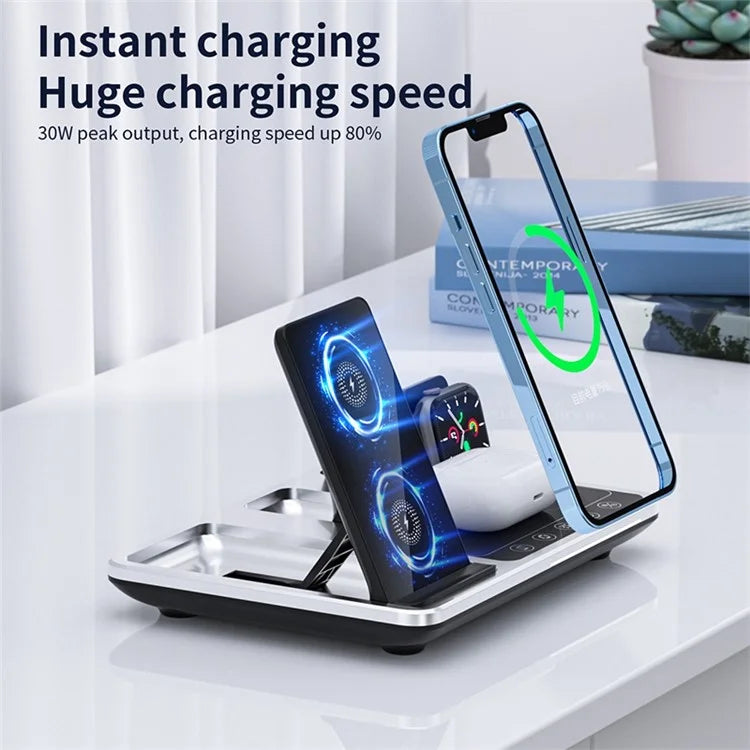 R11 Multifunctional 4 in 1 Wireless Charger Folding Portable Charging Station with Digital Display, White Light, Time Function ( Silver ) R11 Multifunctional 4 in 1 Wireless Charger Folding Portable Charging Station with Digital Display, White Light, Time Function ( Silver )